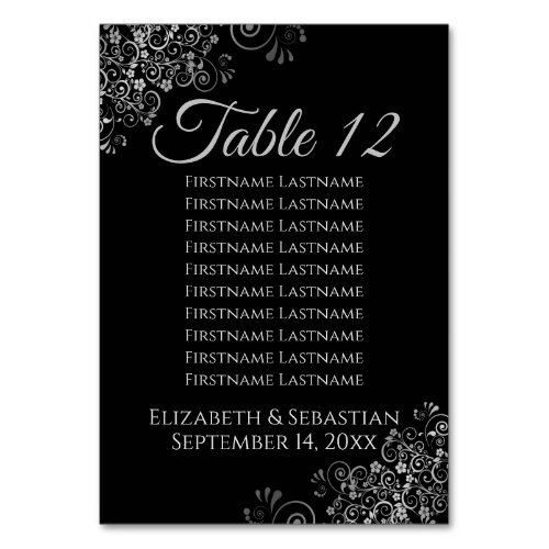 Silver on Black Elegant Wedding Seating Chart Table Number