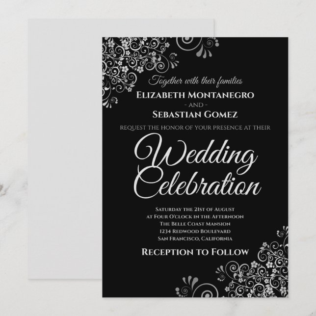 Silver on Black Simple Elegant Wedding Invitation (Front/Back)