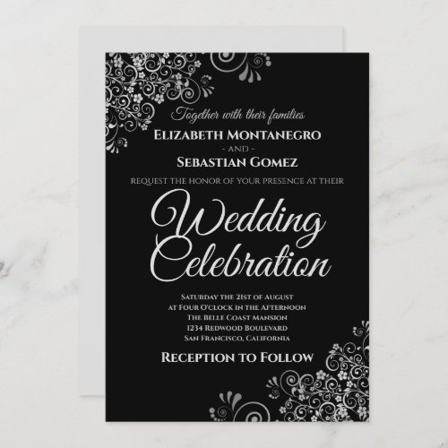 Silver on Black Simple Elegant Wedding Invitation