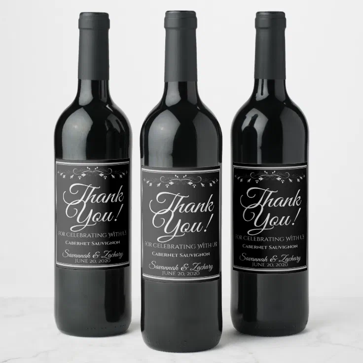 Silver on Black Wedding Wine Bottle Tag Thank You Wine Label | Zazzle