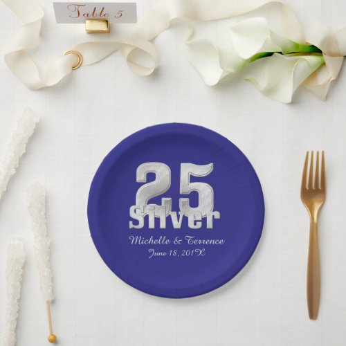 Silver on Blue 25th Anniversary Paper Plates