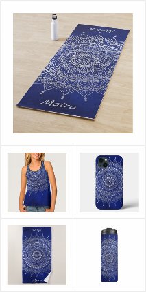 Silver on Blue Floral Henna Mandala Yoga