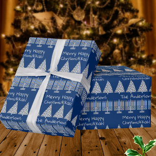Silver On Blue Merry Happy Chrismukkah Holiday Wrapping Paper
