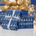 Silver On Blue Merry Happy Chrismukkah Holiday Wrapping Paper<br><div class="desc">Add your name to this classic Merry Happy Chrismukkah holiday wrapping paper in a festive silver and blue pattern of Menorahs and Christmas trees. Simple and fun, this gift wrap is the perfect choice for blended families who celebrate both Hanukkah and Christmas. With sleek minimalist artwork of squared off silver...</div>