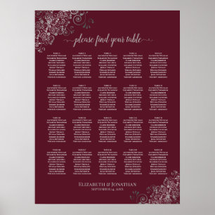 Silver on Burgundy 20 Table Wedding Seating Chart