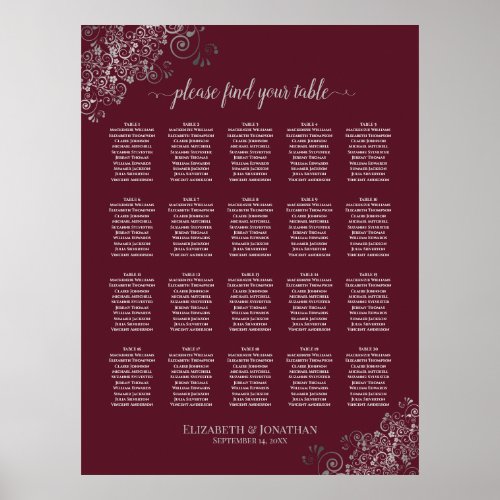 Silver on Burgundy 20 Table Wedding Seating Chart