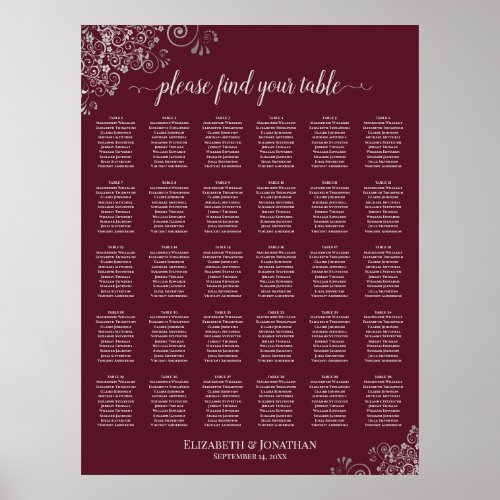Silver on Burgundy 30 Table Wedding Seating Chart