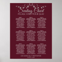 Silver on Burgundy 9 Table Wedding Seating Chart