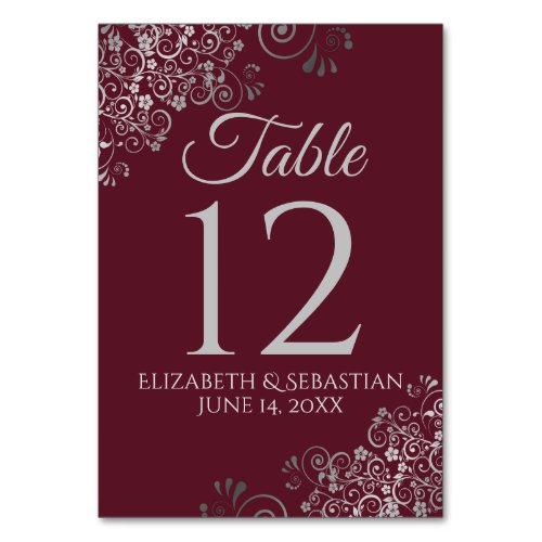 Silver on Burgundy Elegant Filigree Wedding Table Number