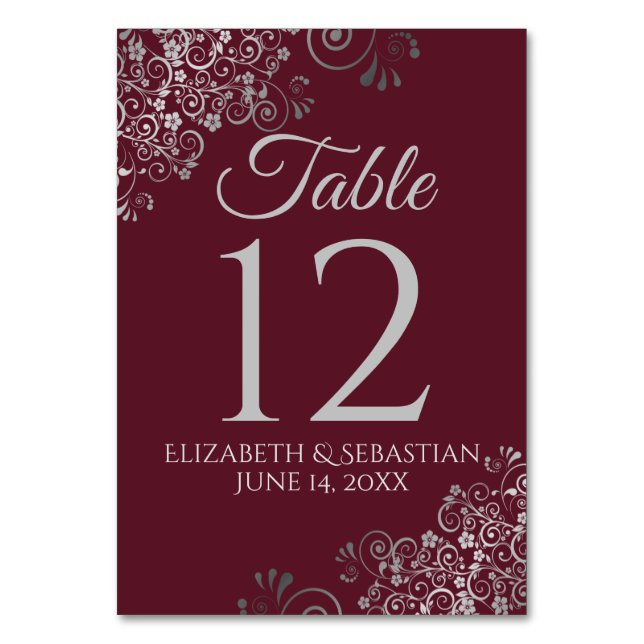 Silver on Burgundy Elegant Filigree Wedding Table Number (Front)