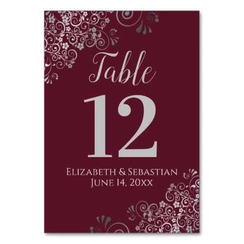 Silver on Burgundy Elegant Frilly Wedding Table Number