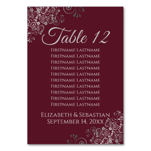 Silver on Burgundy Elegant Wedding Seating Chart Table Number