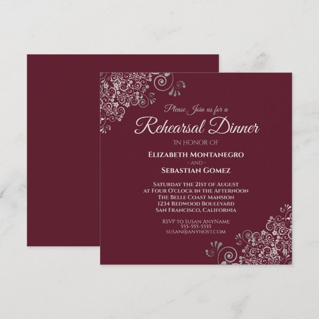 Silver on Burgundy Square Wedding Rehearsal Dinner Invitation (Front/Back)