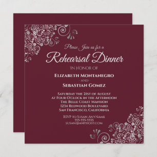 Silver on Burgundy Square Wedding Rehearsal Dinner Invitation