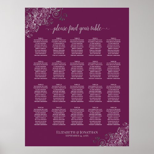 Silver on Cassis 20 Table Wedding Seating Chart