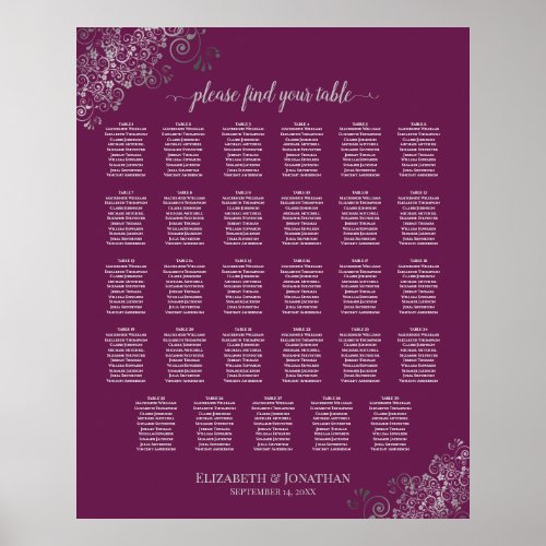 Silver on Cassis 29 Table Wedding Seating Chart