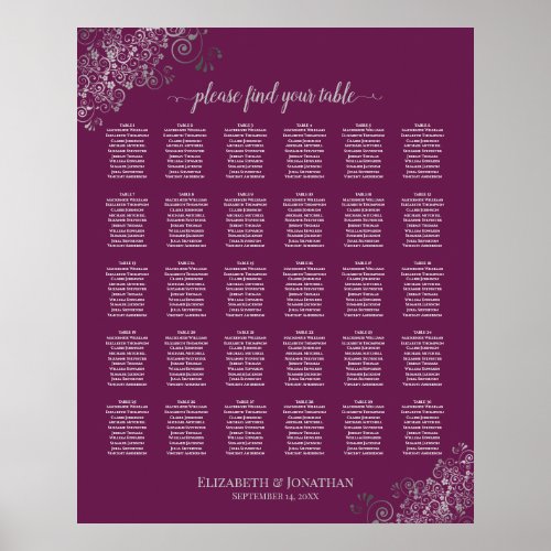 Silver on Cassis 30 Table Wedding Seating Chart