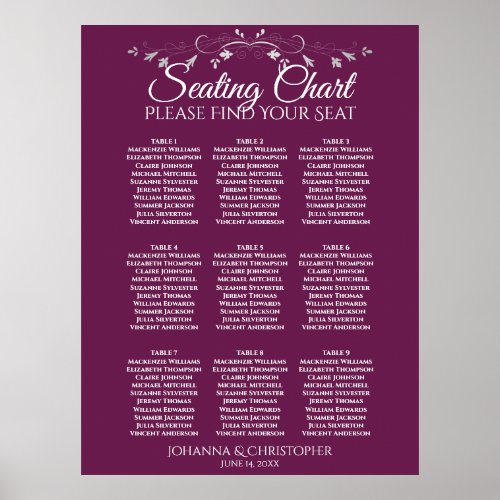 Silver on Cassis 9 Table Wedding Seating Chart