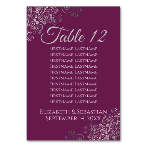 Silver on Cassis Elegant Wedding Seating Chart Table Number