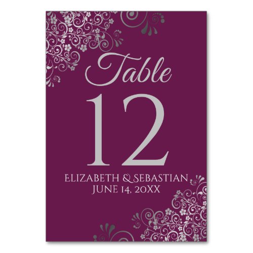 Silver on Cassis Purple Elegant Filigree Wedding Table Number