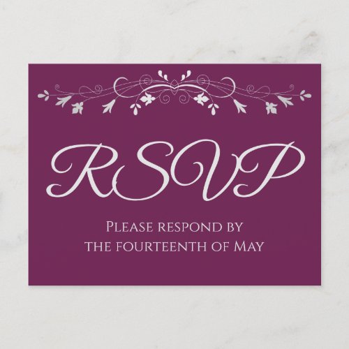 Silver on Cassis Purple Elegant Wedding RSVP Postcard