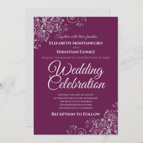 Silver on Cassis Purple Simple Elegant Wedding Invitation