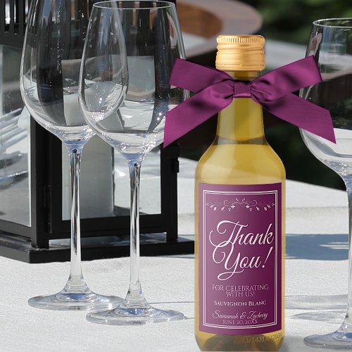 Silver on Cassis Purple Wedding Thank You Mini  Wine Label