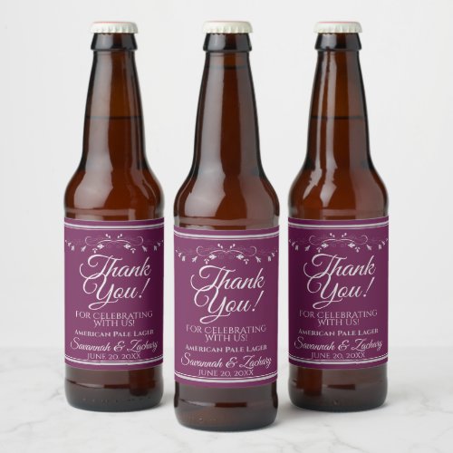 Silver on Cassis Wedding Beer Bottle Thank You Beer Bottle Label