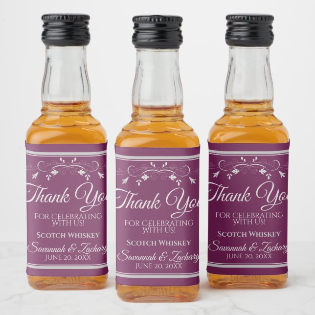 Silver on Cassis Wedding Mini Bottle Thank You Liquor Bottle Label (Bottles)