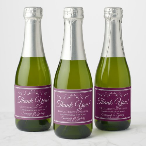 Silver on Cassis Wedding Thank You Mini Bottle Sparkling Wine Label