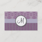 Silver on Lavender Damask with Stripes & Monogram Business Card (Back)