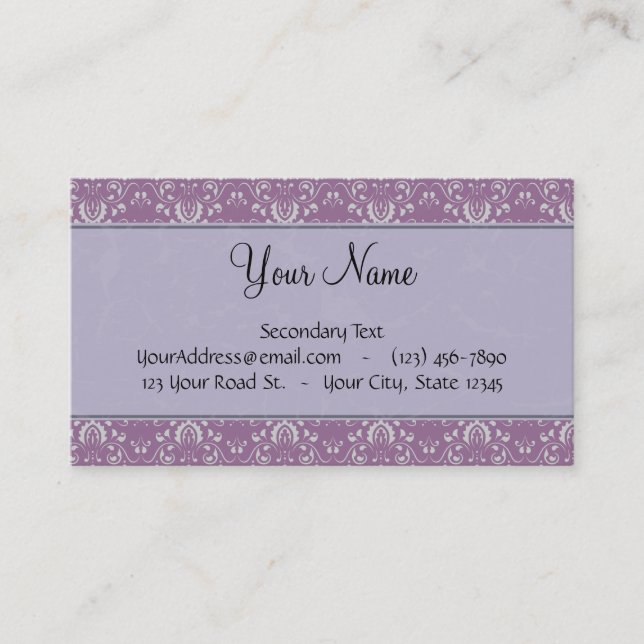 Silver on Lavender Damask with Stripes & Monogram Business Card (Front)