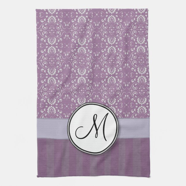 Silver on Lavender Damask with Stripes & Monogram Kitchen Towel (Vertical)