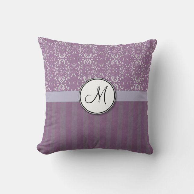Silver on Lavender Damask with Stripes & Monogram Throw Pillow (Front)