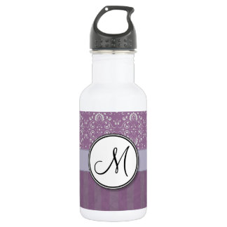 Silver on Lavender Damask with Stripes & Monogram Water Bottle