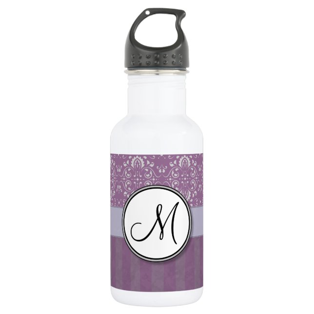 Silver on Lavender Damask with Stripes & Monogram Water Bottle (Front)