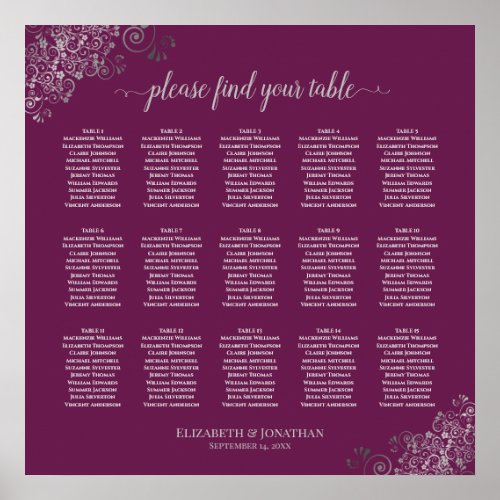 Silver on Magenta 15 Table Wedding Seating Chart