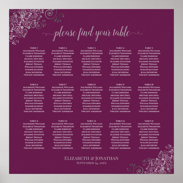 Silver on Magenta 15 Table Wedding Seating Chart (Front)