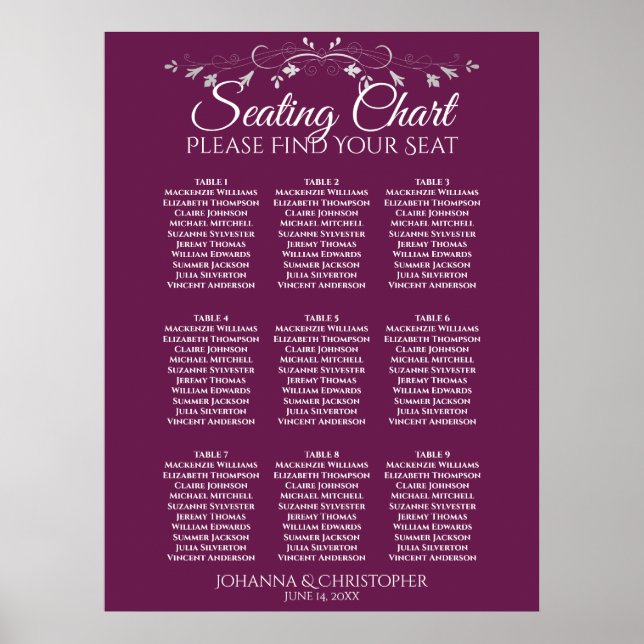 Silver on Magenta 9 Table Wedding Seating Chart (Front)