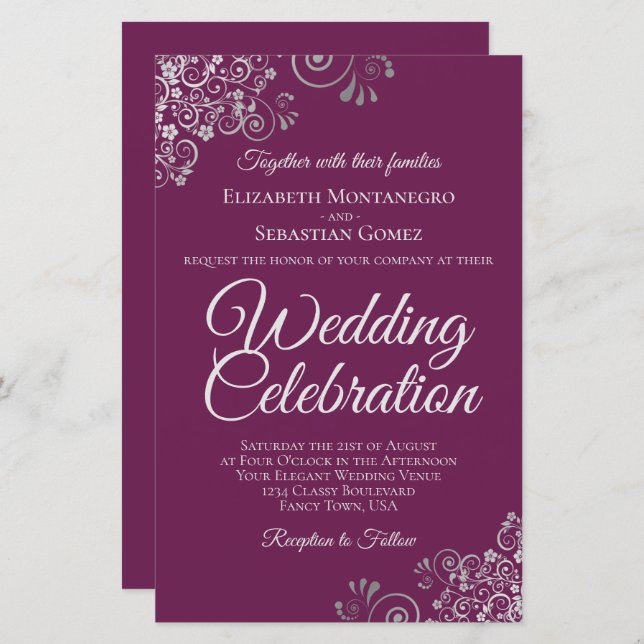Silver on Magenta BUDGET Wedding Invite Large (Front/Back)