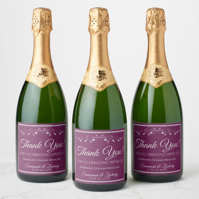 Silver on Magenta Plum Wedding Thank You Sparkling Wine Label (Bottles)