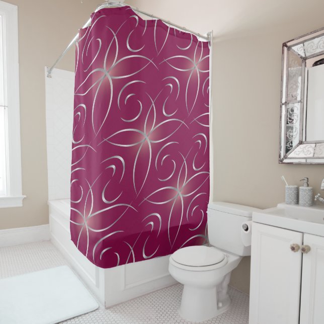 Silver on magenta shower curtain (In Situ)