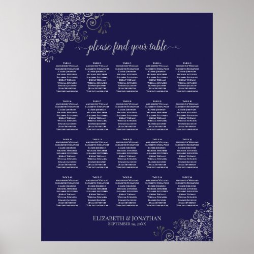 Silver on Navy Blue 20 Table Wedding Seating Chart