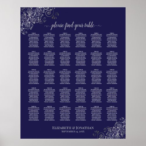 Silver on Navy Blue 30 Table Wedding Seating Chart