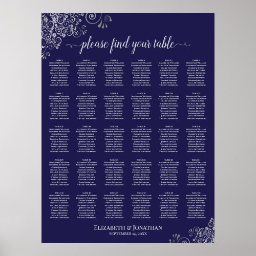 Silver on Navy Blue 30 Table Wedding Seating Chart