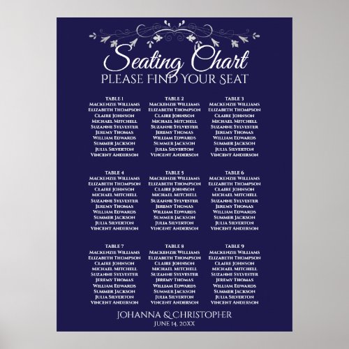 Silver on Navy Blue 9 Table Wedding Seating Chart