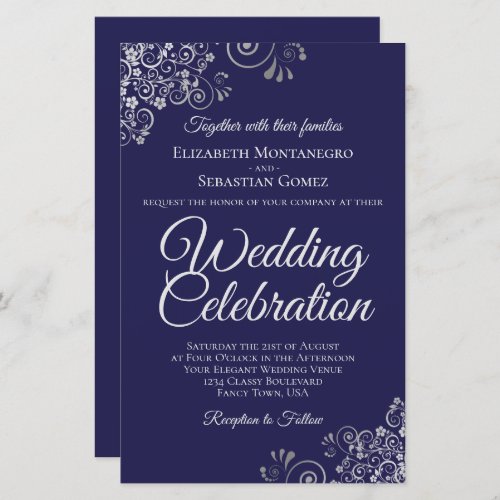 Silver on Navy Blue BUDGET Wedding Invite Large