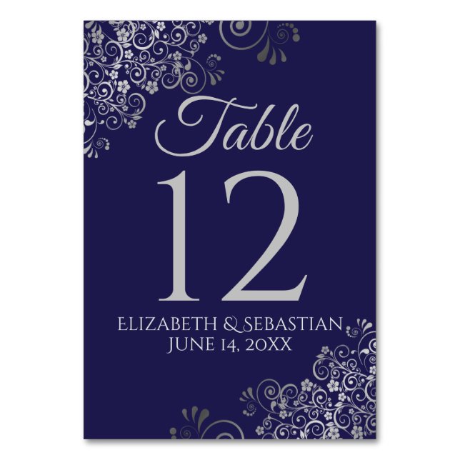 Silver on Navy Blue Elegant Filigree Wedding Table Number (Front)