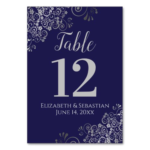 Silver on Navy Blue Elegant Frilly Wedding Table Number