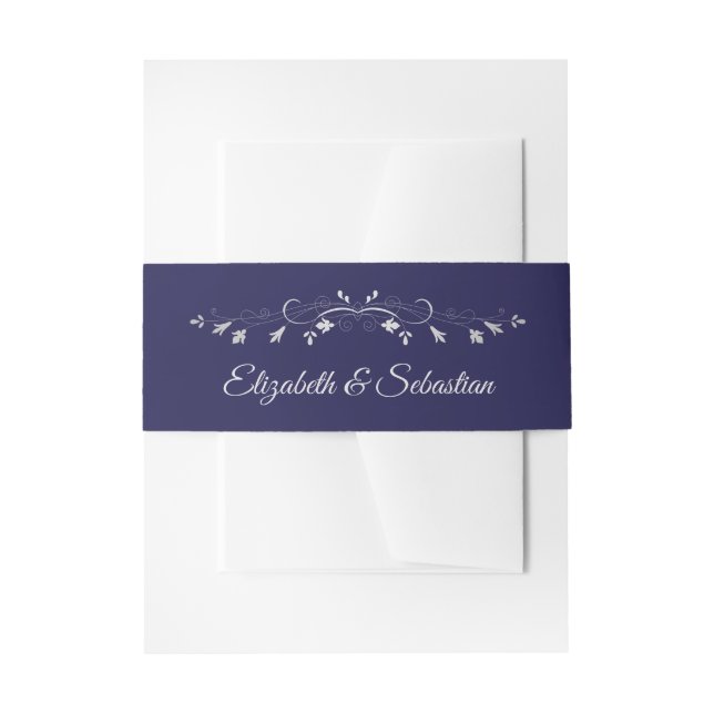 Silver on Navy Blue Elegant Wedding Invitation Invitation Belly Band (Front Example)